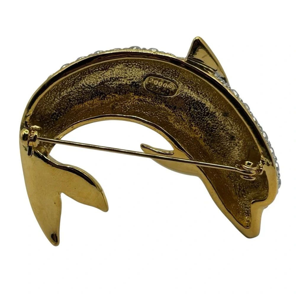 Vtg Dolphin Brooch Pin By P.‎ S. Co. Rhinestone Gold Tone Y2K Dated 2000 Ocean